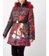 coat long quilted red print fur hood brand 101 idees 1823W desigual